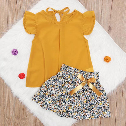 Fashion Girls Ruffled Bow Tops+Skirt Outfit Bump baby and beyond