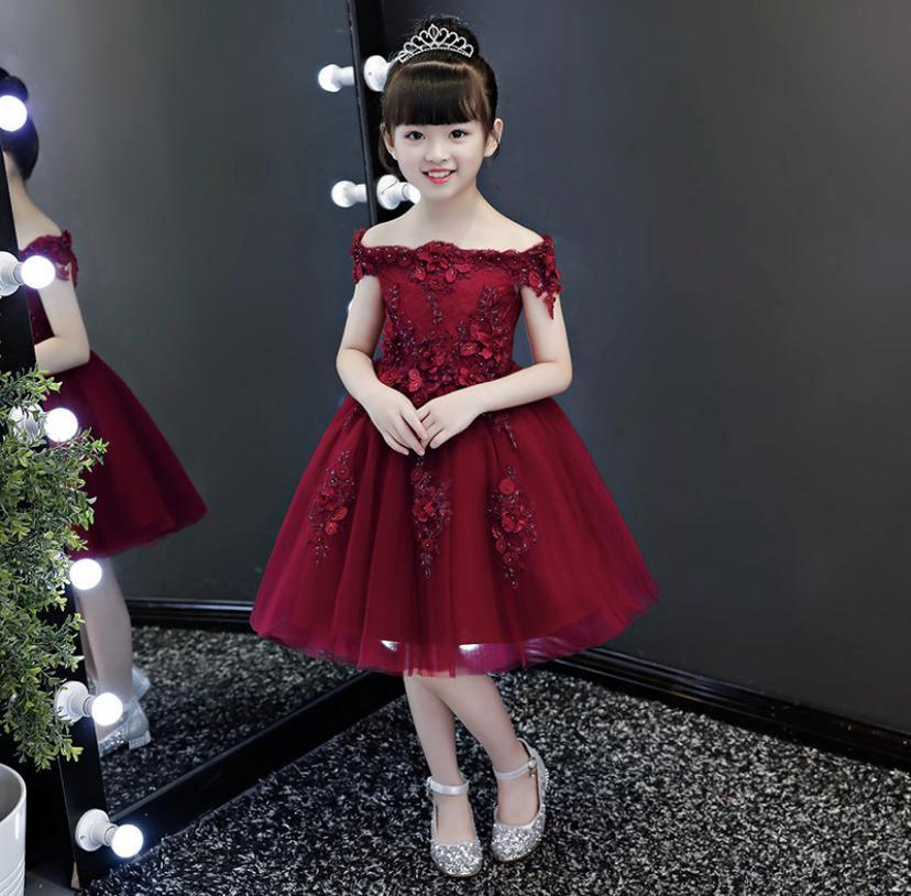 New Elegant Girl Red Lace Shoulderless First Communion Dress Bump baby and beyond