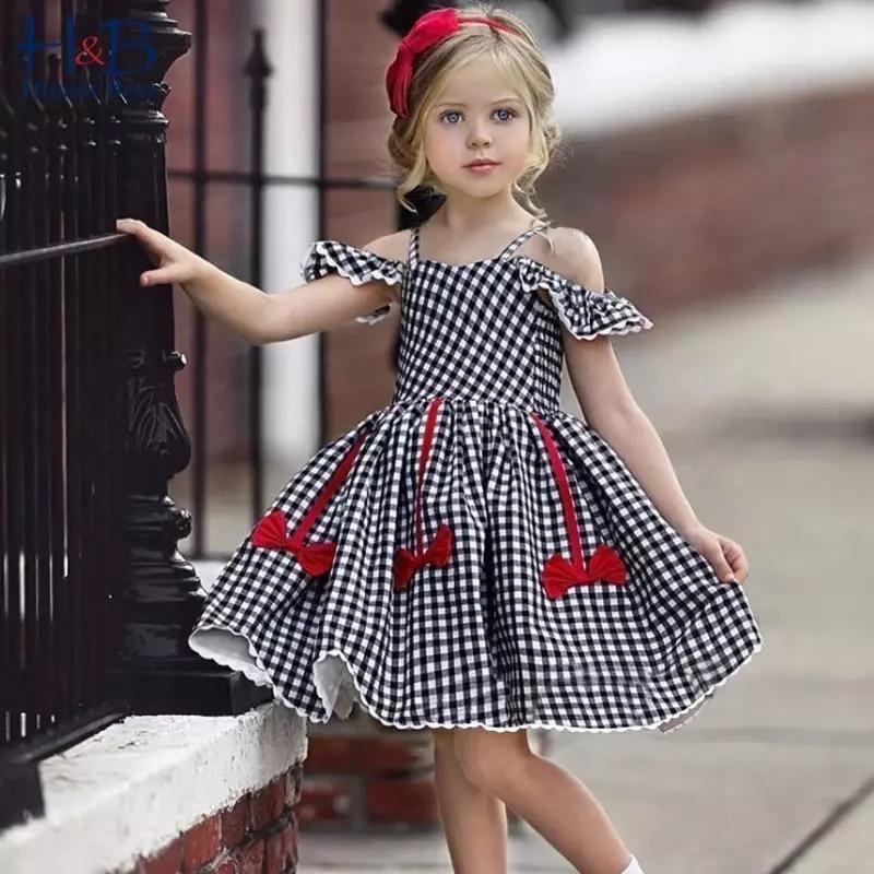 Summer Girls Plaid Bow Lace Sling Sleeve Party Dress Bump baby and beyond