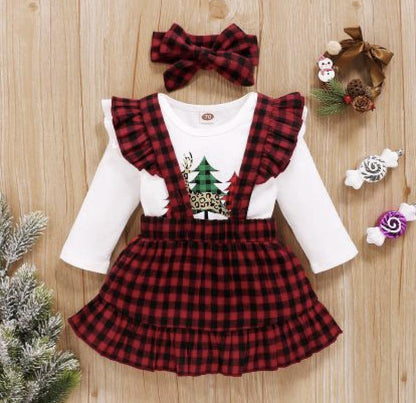 Toddler Girls Christmas Tree Print Top Plaid Sling Skirt Bump baby and beyond