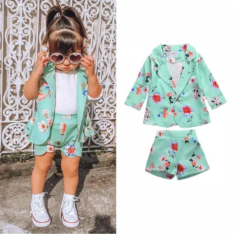 Toddler Girls Floral Coat Shorts Two Piece Suit Sets Bump baby and beyond